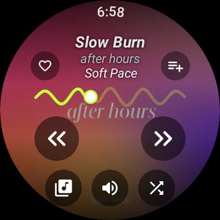 Stride Now Playing screen: full-screen album art, the song Slow Burn by Soft Pace, the wavy progress line, and skip buttons