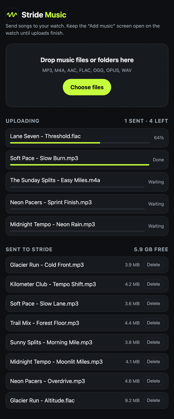 The upload page in a browser: a drop zone, songs uploading with progress bars, and songs already sent